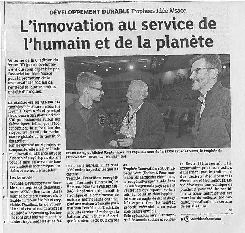 coupure de presse mettant en avant l'axabox récompensée par le trophée du développement durable